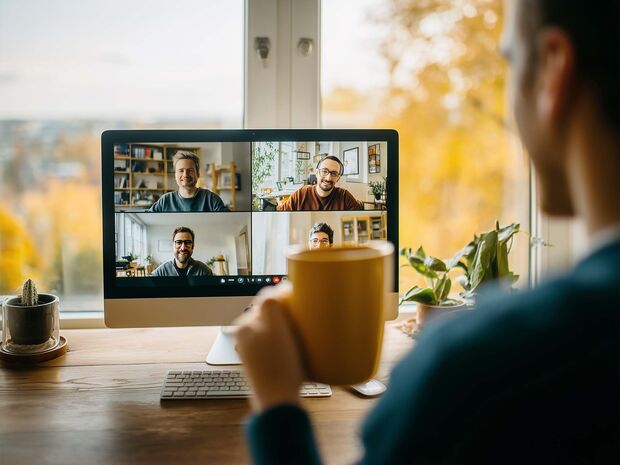 Person im Homeoffice während eines Videocalls mit Teammitgliedern; symbolisiert hybrides Arbeiten und flexible Arbeitsmodelle.