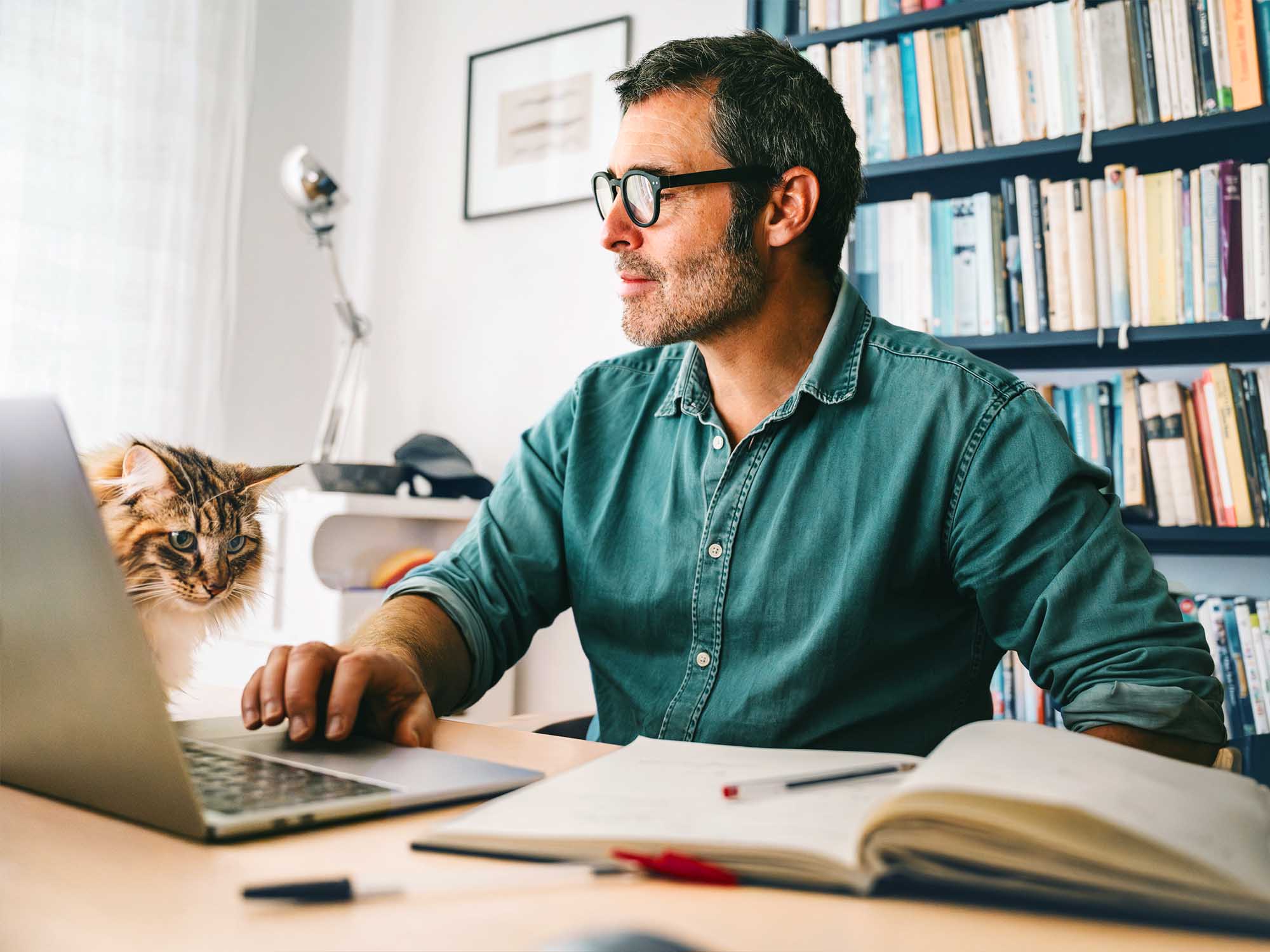 Uomo seduto alla scrivania di casa con un computer portatile. Un gatto si affaccia da dietro la scrivania. Sullo sfondo si intravede una libreria.