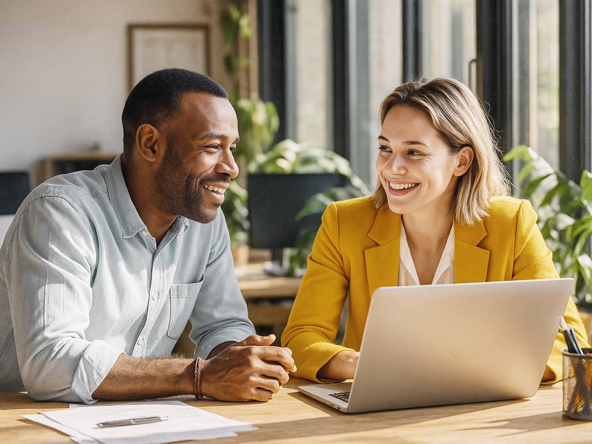 Zwei Kolleg:innen im Gespräch im modernen Büro – Symbolbild für moderne Personalführung und Coaching im New-Work-Zeitalter.